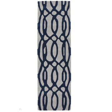 Matrix MAX36 Wire Modern Geometric Hand-Woven High-Density Soft Textured Shimmer Wool & Viscose Mix Soft Grey/Deep Navy Blue Runner-Asiatic Carpets-Rug Love - The Most Loved Rug Store